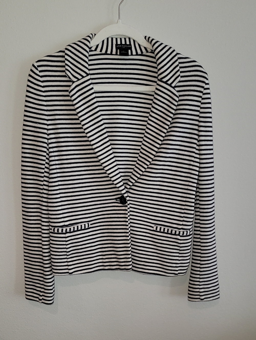 Ann Taylor Navy and White Striped Knit Blazer